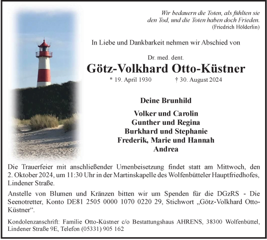 Traueranzeige von Götz-Volkhard Otto-Küstner von Wolfenbütteler Zeitung