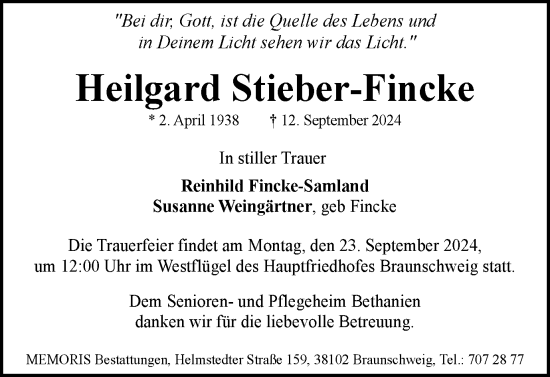 Traueranzeige von Heilgard Stieber-Fincke von Braunschweiger Zeitung