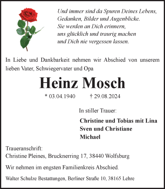 Traueranzeige von Heinz Mosch von Helmstedter Nachrichten