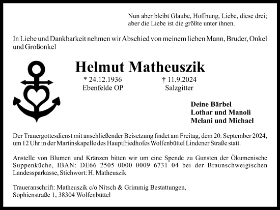 Traueranzeige von Helmut Matheuszik von Braunschweiger Zeitung