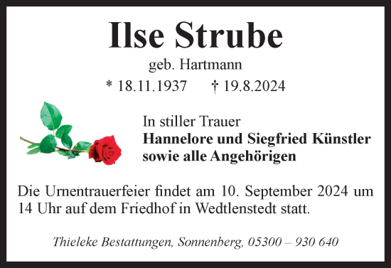 Traueranzeige von Ilse Strube von Peiner Nachrichten