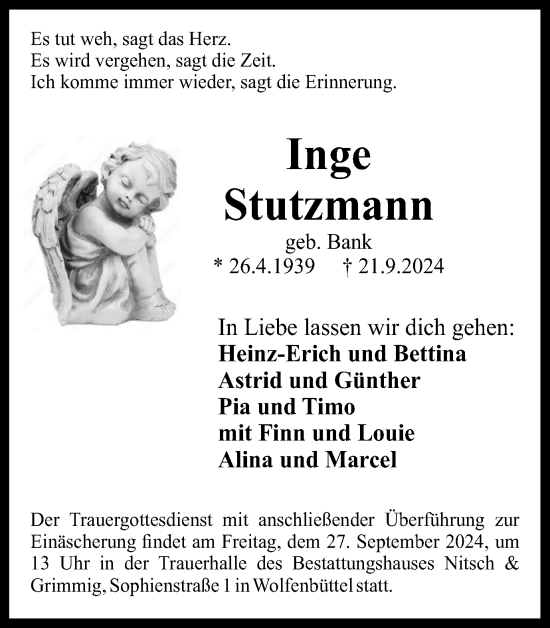 Traueranzeige von Inge Stutzmann von Wolfenbütteler Zeitung