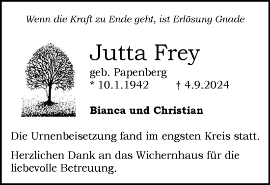 Traueranzeige von Jutta Frey von Wolfenbütteler Zeitung