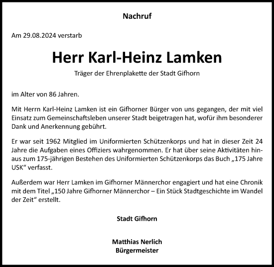 Traueranzeige von Karl-Heinz Lamken von Wolfsburger Nachrichten