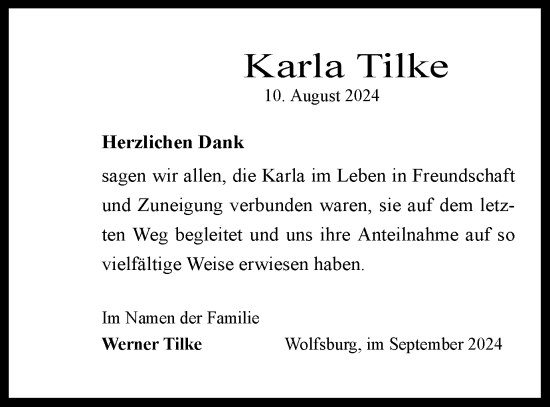 Traueranzeige von Karla Tilke von Wolfsburger Nachrichten