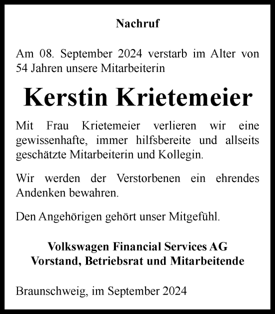 Traueranzeige von Kerstin Krietemeier von Braunschweiger Zeitung