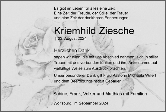 Traueranzeige von Kriemhild Ziesche von Wolfsburger Nachrichten