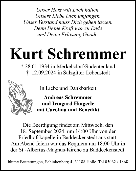 Traueranzeige von Kurt Schremmer von Salzgitter-Zeitung