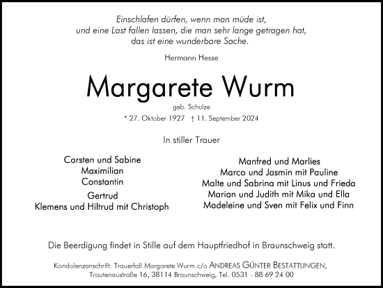 Traueranzeige von Margarete Wurm von Braunschweiger Zeitung