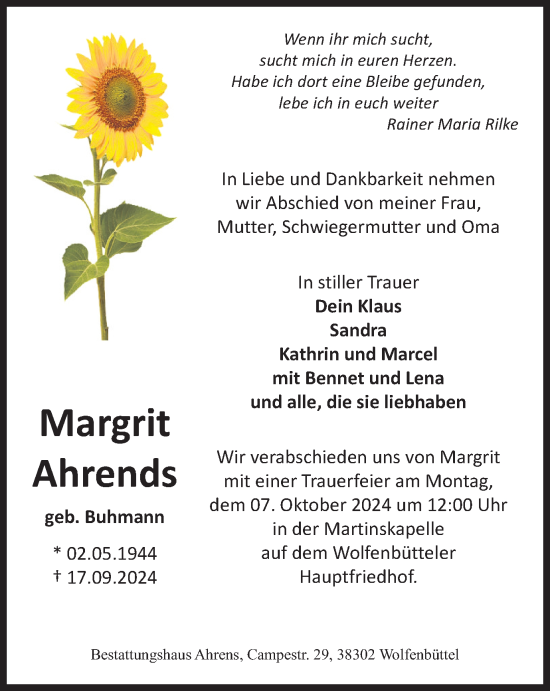 Traueranzeige von Margrit Ahrends von Wolfenbütteler Zeitung