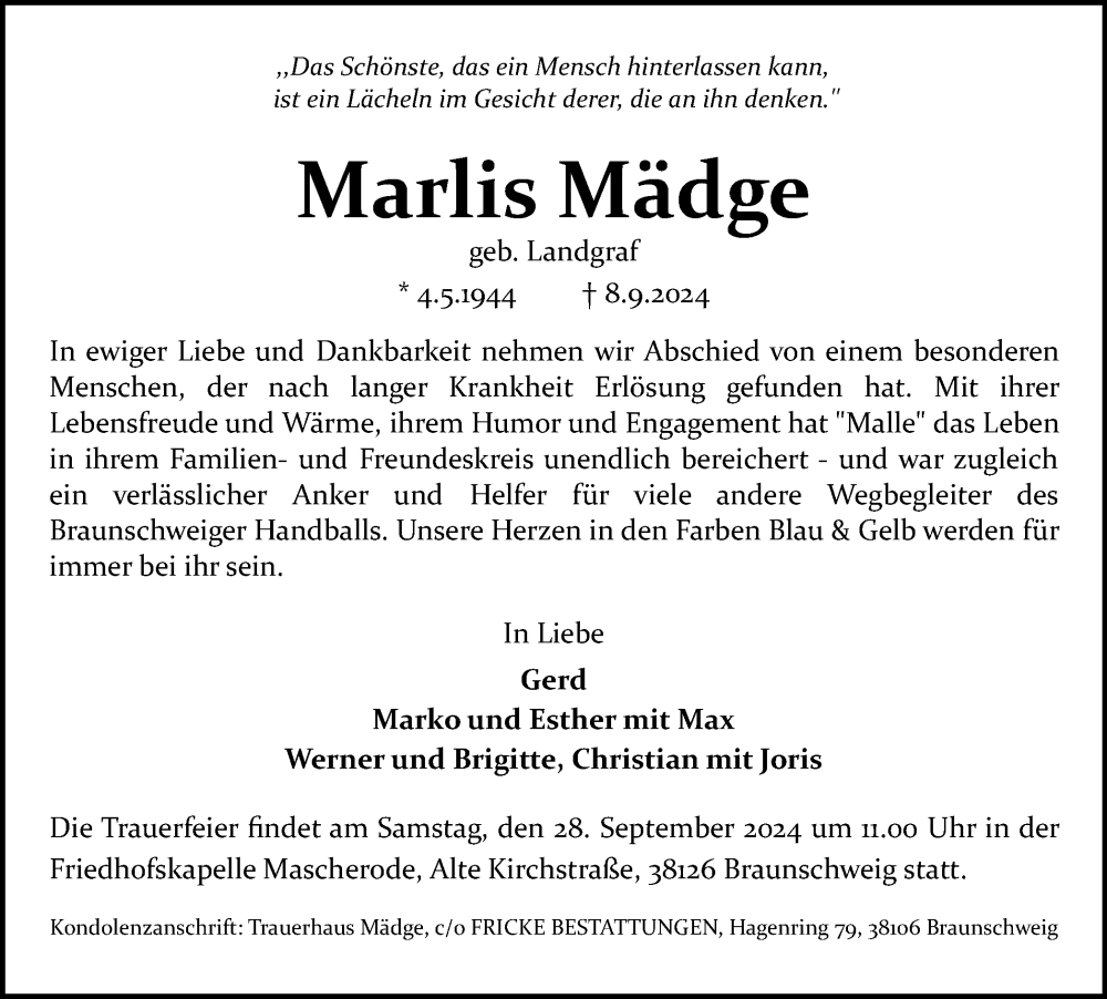  Traueranzeige für Marlis Mädge vom 21.09.2024 aus Braunschweiger Zeitung