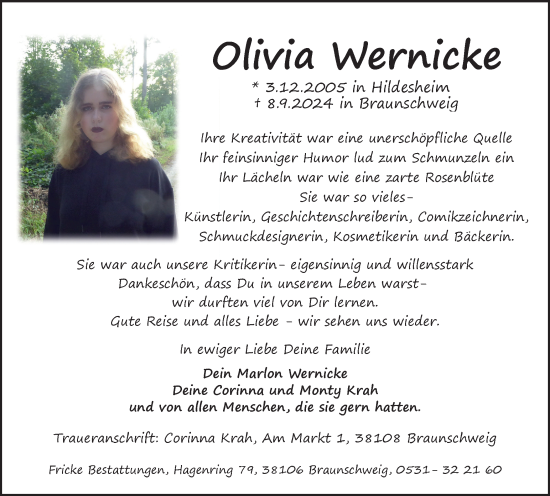 Traueranzeige von Olivia Wernicke von Braunschweiger Zeitung