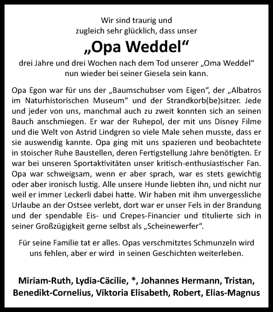 Traueranzeige von Opa Weddel von Braunschweiger Zeitung