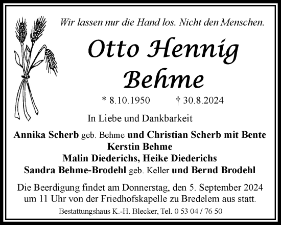 Traueranzeige von Otto Henning Behme von Braunschweiger Zeitung