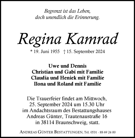 Traueranzeige von Regina Kamrad von Braunschweiger Zeitung