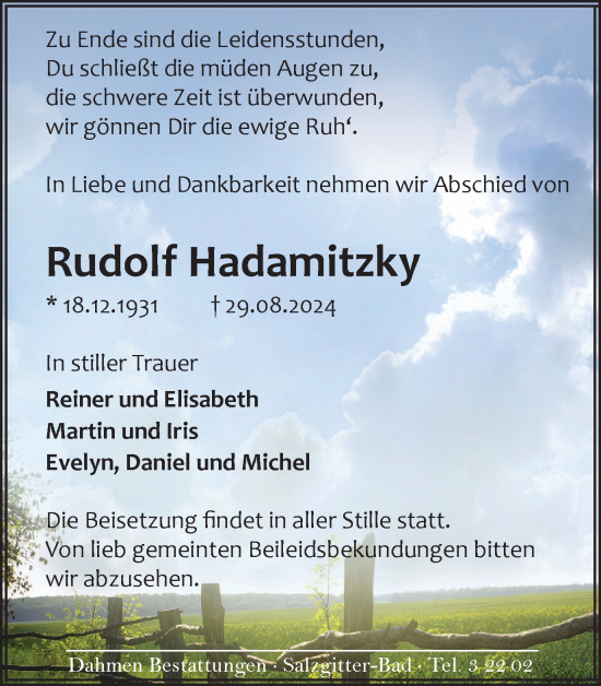 Traueranzeige von Rudolf Hadamitzky von Salzgitter-Zeitung