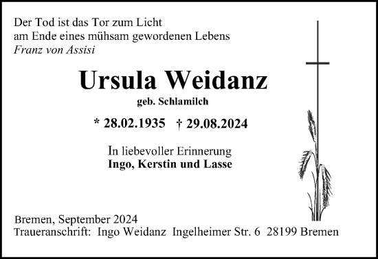 Traueranzeige von Ursula Weidanz von Braunschweiger Zeitung