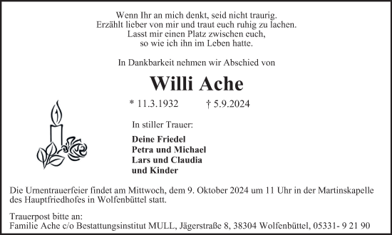 Traueranzeige von Willi Ache von Braunschweiger Zeitung