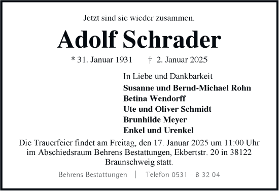 Traueranzeige von Adolf Schrader 