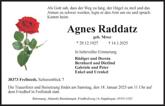 Traueranzeige von Agnes Raddatz von Helmstedter Nachrichten