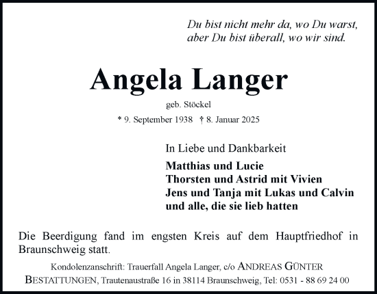 Traueranzeige von Angela Langer von Salzgitter-Zeitung