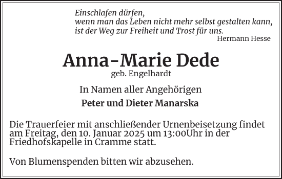 Traueranzeige von Anna-Marie Dede von Wolfenbütteler Zeitung