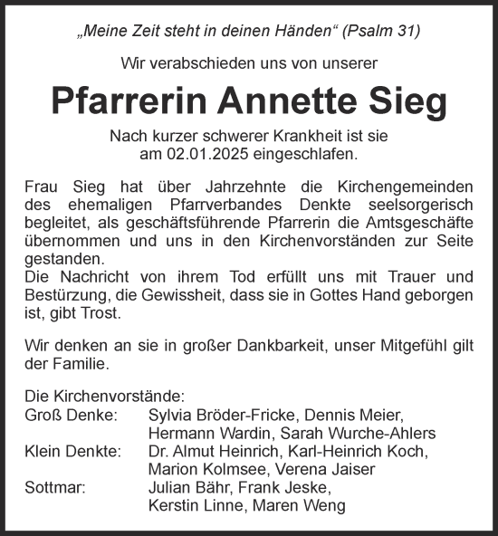 Traueranzeige von Annette Sieg von Wolfenbütteler Zeitung