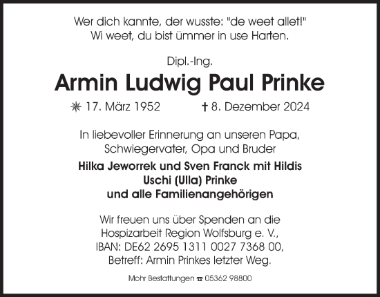 Traueranzeige von Armin  Prinke 