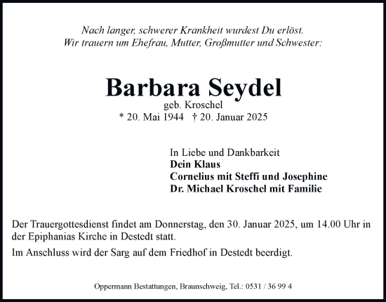 Traueranzeige von Barbara Seydel von Wolfenbütteler Zeitung