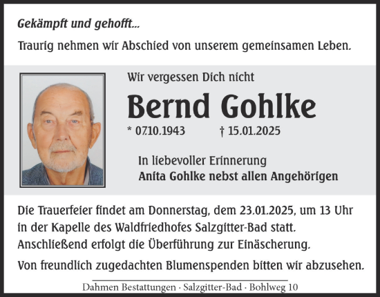 Traueranzeige von Bernd Gohlke von Salzgitter-Zeitung