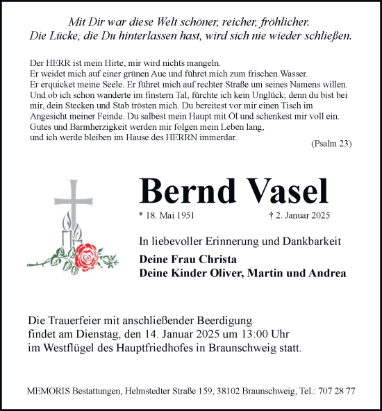 Traueranzeige von Bernd Vasel 