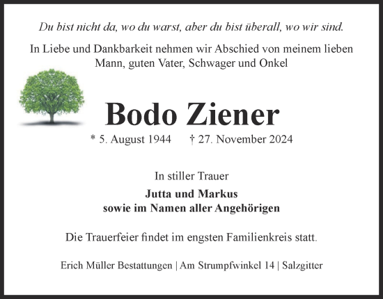 Traueranzeige von Bodo Ziener von Salzgitter-Zeitung