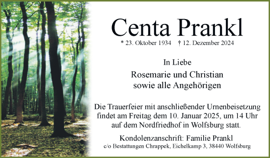 Traueranzeige von Centa Prankl 