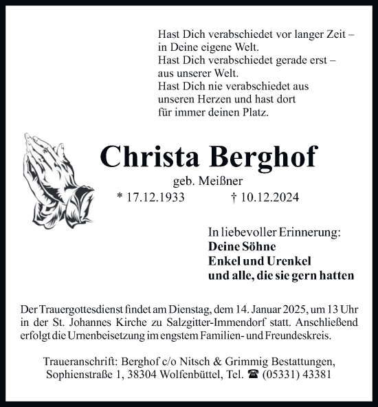 Traueranzeige von Christa Berghof von Salzgitter-Zeitung