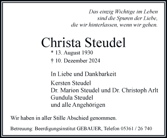 Traueranzeige von Christa Steudel 