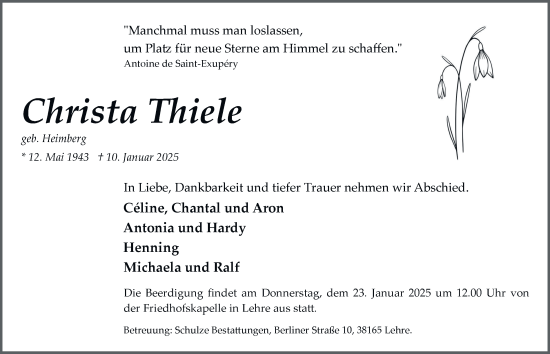 Traueranzeige von Christa Thiele von Helmstedter Nachrichten