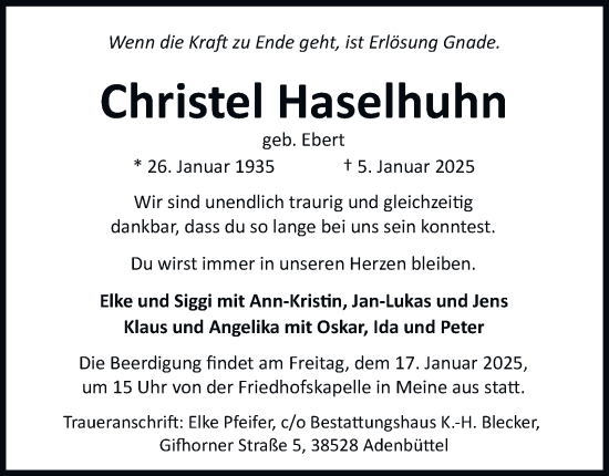 Traueranzeige von Christel Haselhuhn 