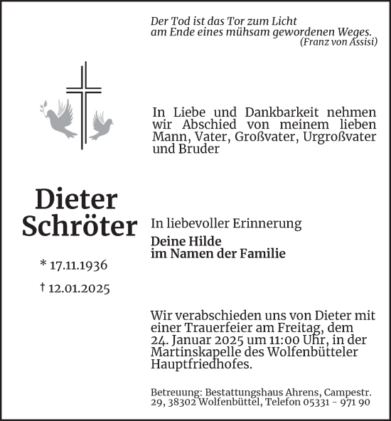 Traueranzeige von Dieter Schröter von Wolfenbütteler Zeitung