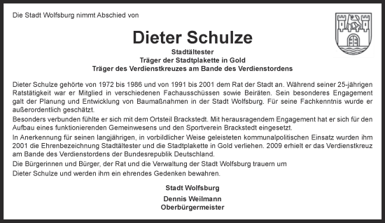 Traueranzeige von Dieter Schulze 