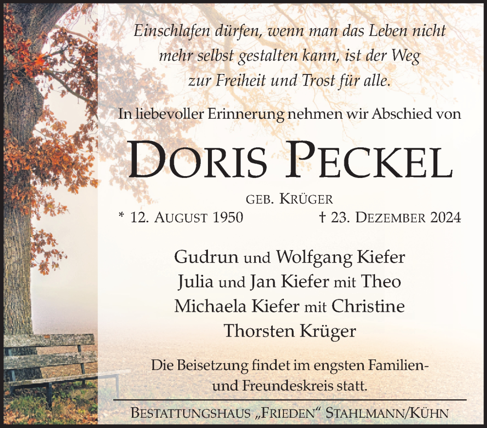  Traueranzeige für Doris Peckel vom 04.01.2025 aus Salzgitter-Zeitung