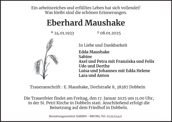 Traueranzeige von Eberhard Maushake von Helmstedter Nachrichten