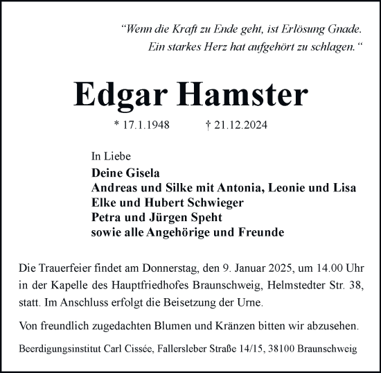 Traueranzeige von Edgar Hamster 