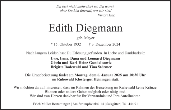 Traueranzeige von Edith Diegmann von Salzgitter-Zeitung