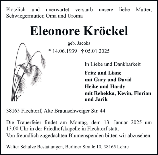 Traueranzeige von Eleonore Kröckel von Helmstedter Nachrichten