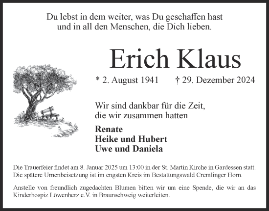 Traueranzeige von Erich Klaus von Wolfenbütteler Zeitung