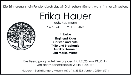 Traueranzeige von Erika Hauer 