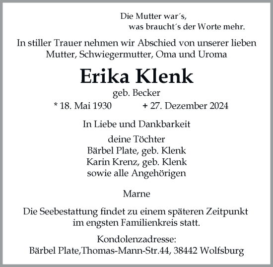 Traueranzeige von Erika Klenk 