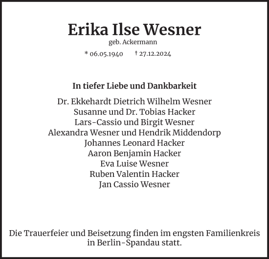 Traueranzeige von Erika Ilse Wesner 