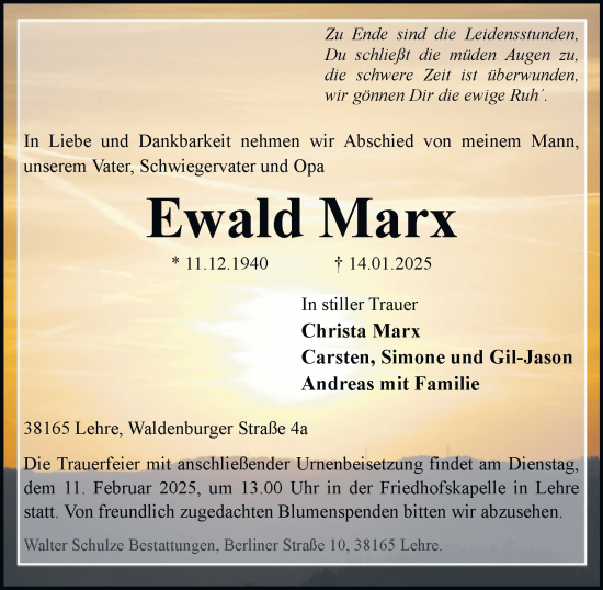 Traueranzeige von Ewald Marx von Helmstedter Nachrichten