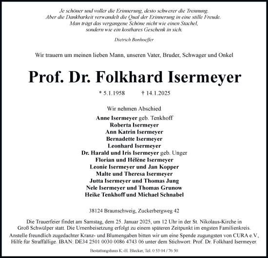 Traueranzeige von Folkhard Isermeyer 